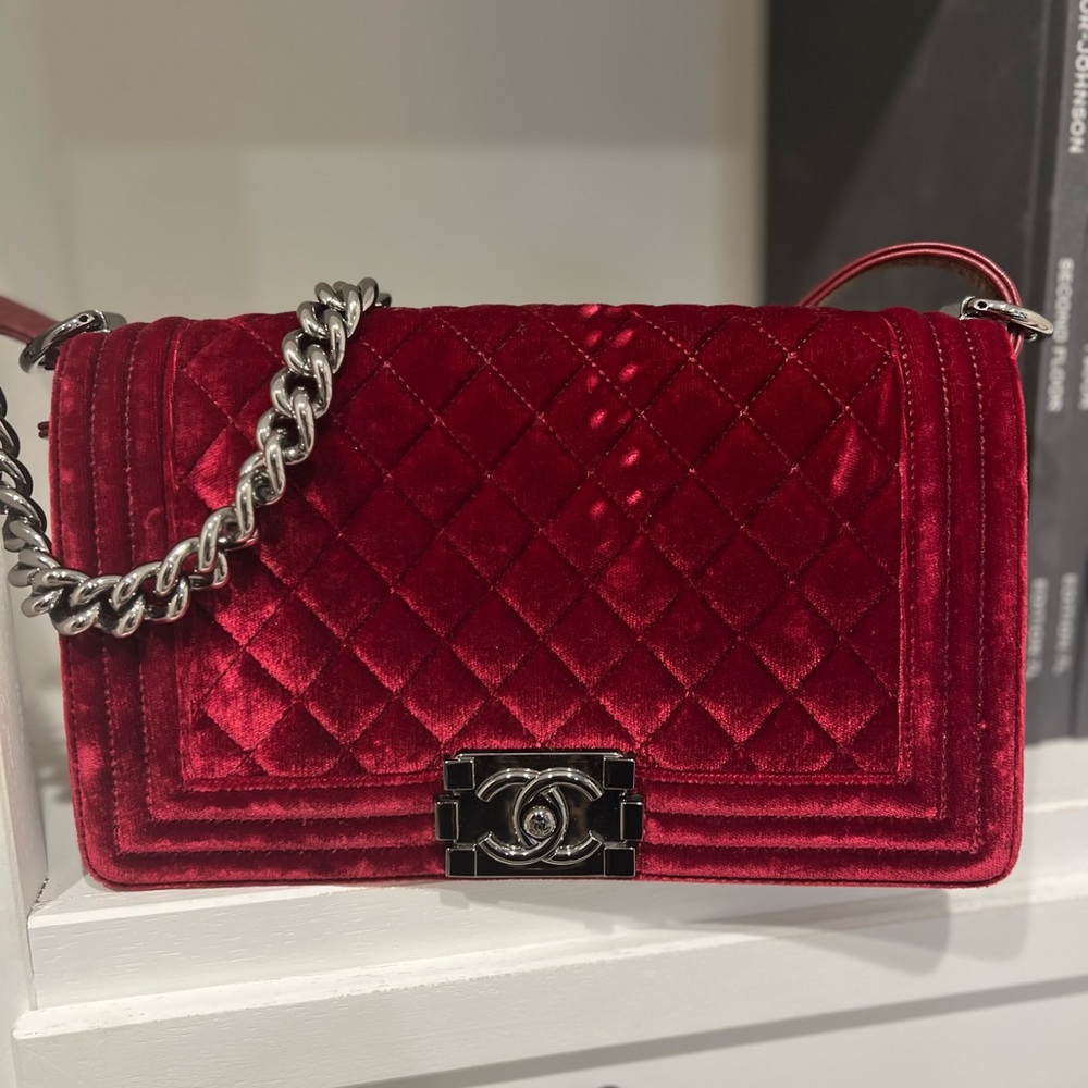 Chanel Red Velvet Shoulder Bag with Quilted Design